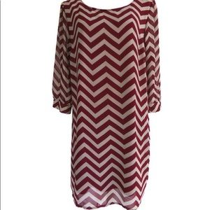 Three Hearts Women's Burgundy & Beige Chiffon Chevron Striped Dress, Size L